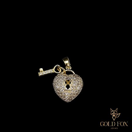PINGENTE CORAÇÃO CADEADO COM CHAVE - BANHADO A OURO 18K