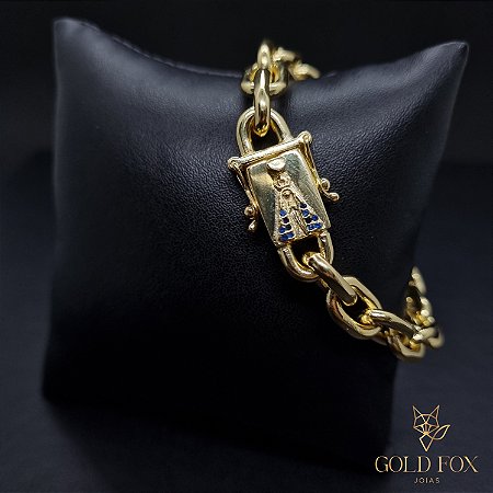 PULSEIRA CADEADO 8 MM COM FECHO NOSSA SENHORA (19 CM) - BANHADO A OURO 18K