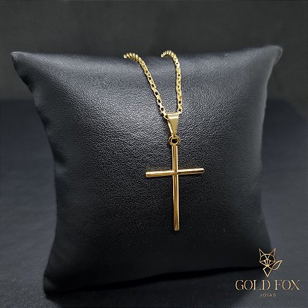 CONJUNTO CORRENTE VENEZIANA ABERTA 1 MM FECHO ARGOLINHA (60 CM) + CRUZ PALITO LISA (M) - BANHADO A OURO 18K