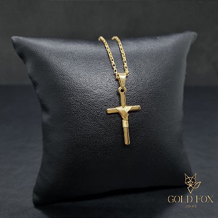 CONJUNTO CORRENTE VENEZIANA ABERTA 1 MM FECHO ARGOLINHA (60 CM) + PINGENTE CRUZ TRANÇADA CHAPADA - BANHADO A OURO 18K