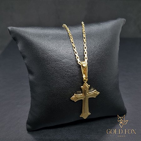 CONJUNTO CORRENTE TIJOLINHO 1,5 MM FECHO ARGOLINHA (60 CM) + PINGENTE CRUZ LISA CENTRO - BANHADO A OURO 18K