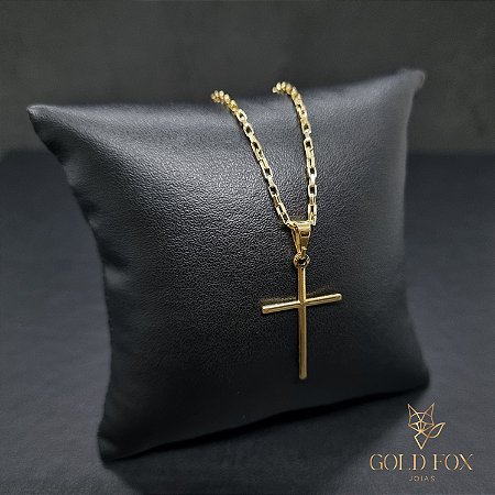 CONJUNTO CORRENTE TIJOLINHO 1,5 MM FECHO ARGOLINHA (60 CM) + CRUZ PALITO LISA (M) - BANHADO A OURO 18K