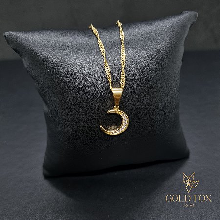CONJUNTO CORRENTE SINGAPURA 1,5 MM COM FECHO ARGOLINHA (45 CM) + PINGENTE LUA CRAVEJADA (1 G) - BANHADO A OURO 18K