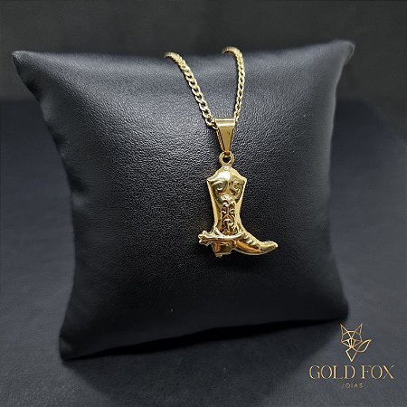CONJUNTO CORRENTE GRUMET DE 2 MM COM FECHO ITALIANO (60 CM) + PINGENTE BOTA COUNTRY - BANHADO A OURO 18K