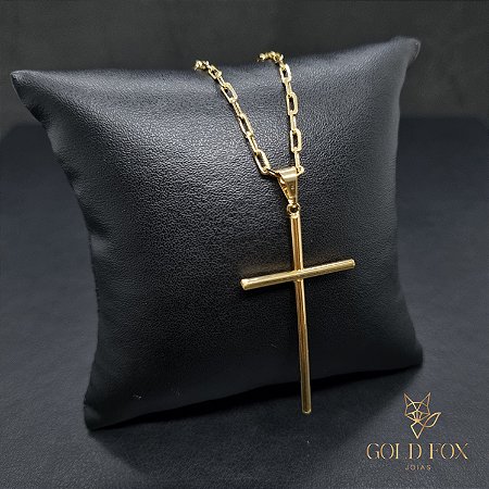 CONJUNTO CORRENTE CADEADO 3 MM FECHO ARGOLINHA (60 CM) + PINGENTE CRUZ PALITO (G) - BANHADO A OURO 18K