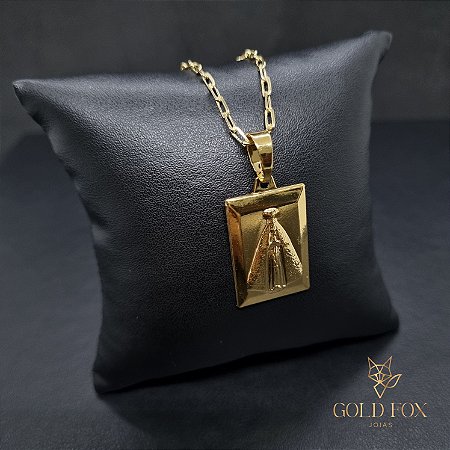 CONJUNTO CORRENTE CADEADO 3 MM FECHO ARGOLINHA (60 CM) + PINGENTE PLACA NOSSA SENHORA PADRÃO - BANHADO A OURO 18K