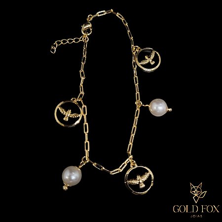 PULSEIRA CADEADO ESPÍRITO SANTO E PÉROLAS - BANHADO A OURO 18K