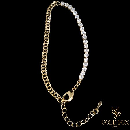 PULSEIRA METADE RIVIERA 2,5 MM METADE ZIRCÔNIA - BANHADO A OURO 18K