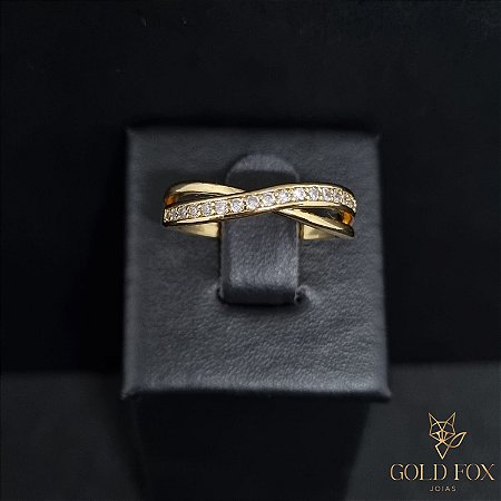 ANEL FIO LISO E CRAVEJADO CRUZADO - BANHADO A OURO 18K