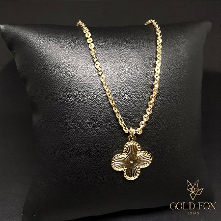 COLAR ELO CADEADO TREVO 1,9 MM FECHO ITALIANO - BANHADO A OURO 18K