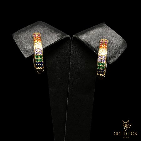 BRINCO ARGOLA CRAVEJADA 2 FILEIRAS COLORS DEGRADÊ G - BANHADO A OURO 18K