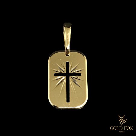 PINGENTE PLACA COM CRUZ VAZADA - BANHADO A OURO 18K