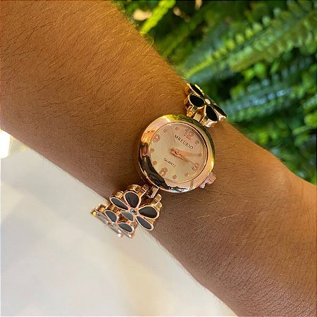 Relógio Feminino Flores Pretas