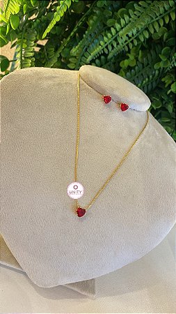 Conjunto Brinco e Colar Coração Vermelho Rubi