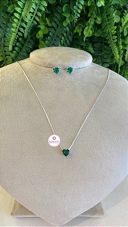 Conjunto Brinco e Colar Coração Verde Escuro Semijóia Prata Níquel free