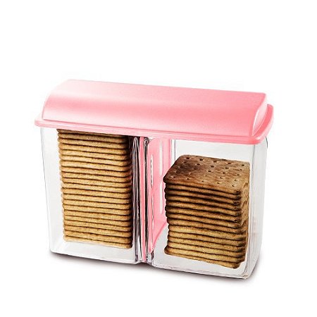 Porta Biscoito Bolacha Rosa de Acrílico com Tampa + Divisória