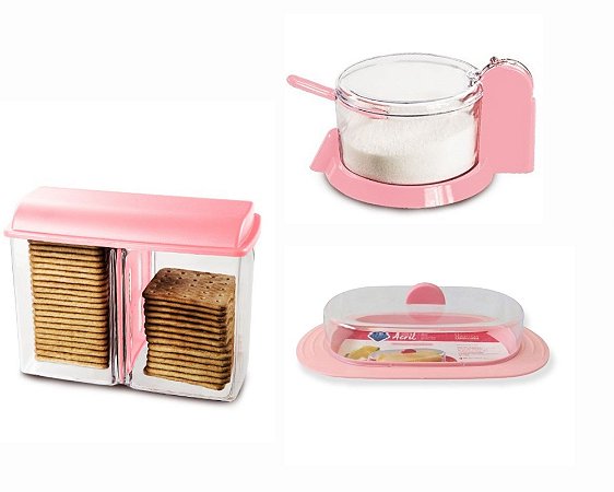 Kit Porta Bolacha + Açucareiro + Mantegueira Rosa - Linha Acril 3 Peças