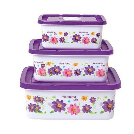 Kit 3 Potes Retangulares Floral Lauren Roxo