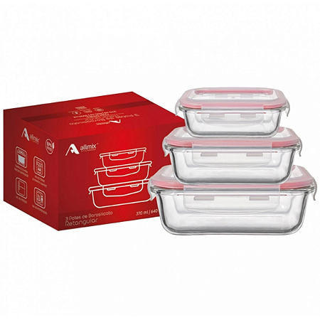 Kit 3 Potes de Vidro Hermético Retangular com Tampa Vermelho Allmix