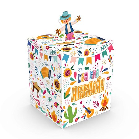 CAIXA JUNINA POP UP 10x10x12cm "VEM PRO ARRAIÁ" C 4403 PCT C/ 10 UN