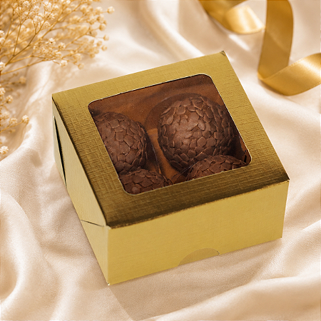 10 Caixas Laminada Com Visor Para 4 Doces Ouro Embalagem 8x8x4cm Presente Brigadeiros Natal Encomendas C4668 Ideia