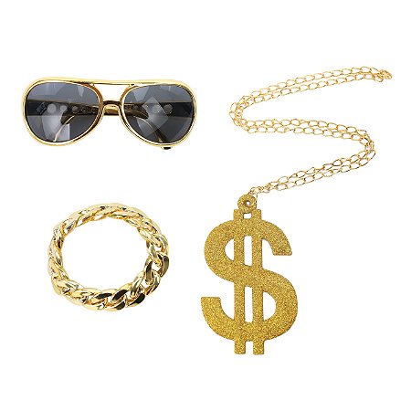 Kit Acessórios Fantasia Hip Hop Cifrão Ouro Falso Adulto c/ 3 pcs Cromus Festas