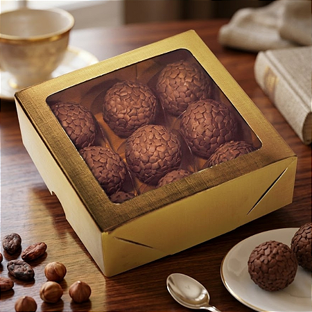 10 Caixas Laminadas Ouro Com Visor Para 9 Doces Presente Embalagem Brigadeiros Encomendas Natal Festa C4671 Ideia