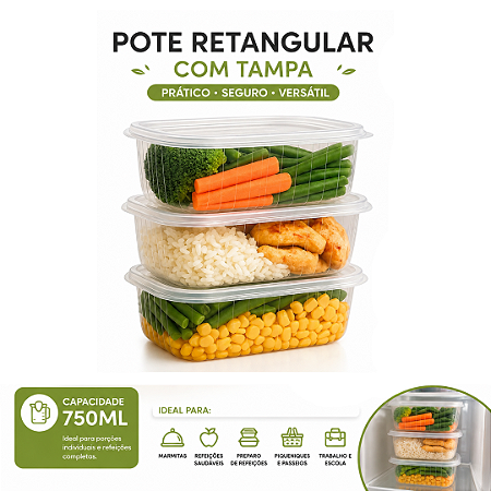 Kit Pote C/ Tampa Retangular PP 750ml C/10un Plastilânia