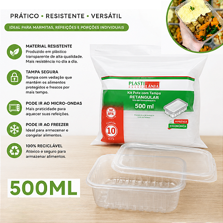 Pote Tampa Retangular PP 500ml C/10un Plastilânia