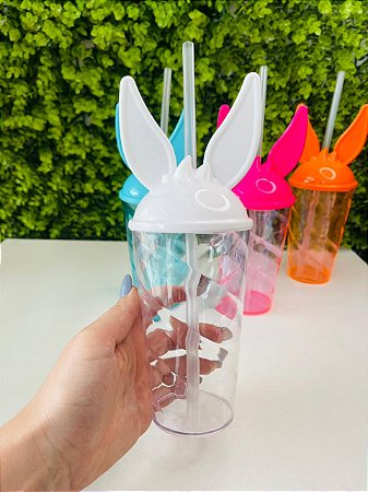 Copo Twister 500ml Tampa Coelho E Canudo Branco Páscoa Tasil