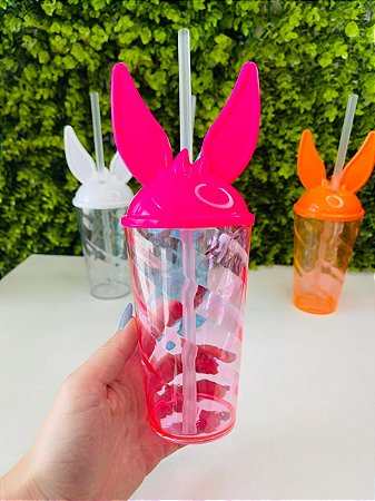 Copo Twister 500ml Tampa Coelho E Canudo Pink Neon Páscoa Tasil