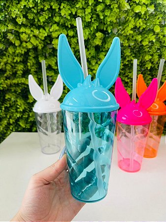 Copo Twister 500ml Tampa Coelho E Canudo Azul Tiffany Páscoa Tasil
