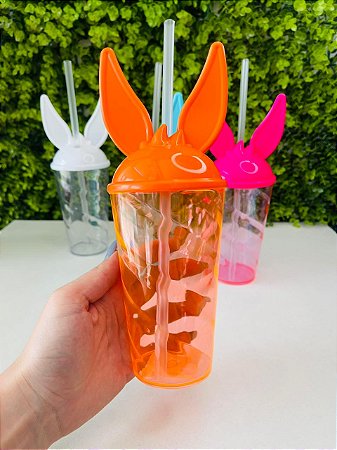 Copo Twister 500ml Tampa Coelho E Canudo Laranja Páscoa Tasil