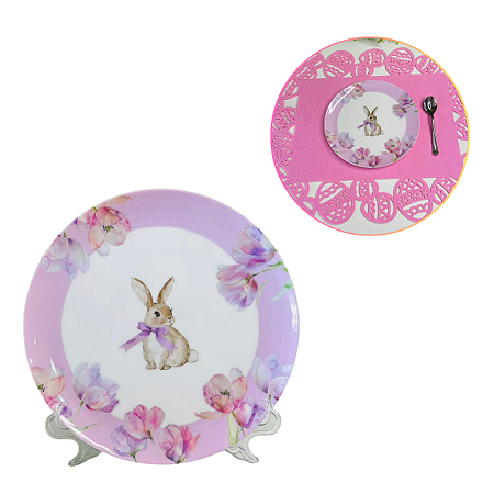 Prato Decorado Coelho Branco/Lilás 20cm C/1un Cromus