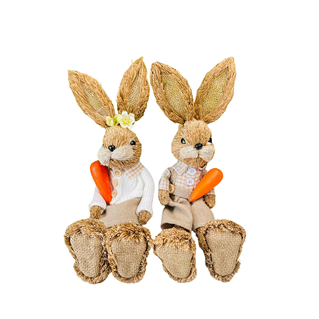 Coelho Sentado Decoração Palha c/ Cenoura Sortido 32cm Cromus
