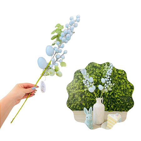 Galho Longo Folha Ovos Flocado Azul 60cm C/1un Cromus