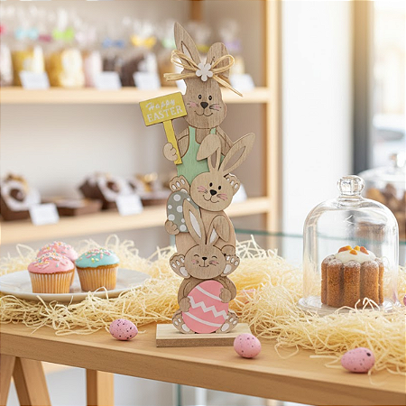 Torre Coelhos E Ovos De Madeira Decoração 30cm Páscoa 1096361 Cromus