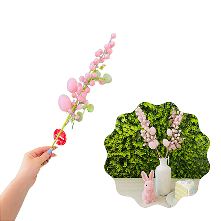 Galho Longo Folha Ovos Flocado Rosa 60cm C/1un Cromus