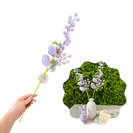 Galho Longo Folha Ovos Flocado Roxo 60cm C/1un Cromus