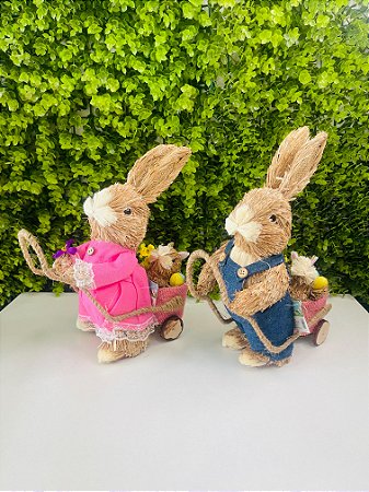 Enfeite Decorativo Páscoa Coelho Com Carrinho Azul Ou Rosa HP027 Silver