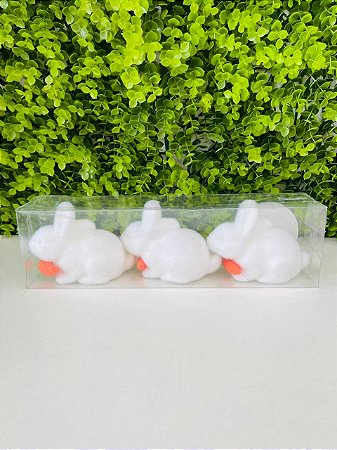 3 Coelhos Cenoura Flocado Branco 7cm Decoração Cenário Páscoa Cromus 1096661