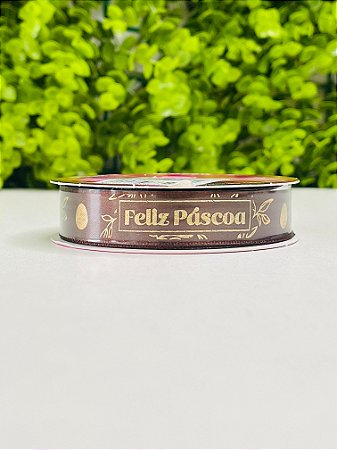 Fita Cetim Rolo 15mmx10m Cor 519 Feliz Páscoa Marrom Decorativo ECF003H
