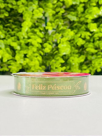 Fita Cetim Rolo 15mmx10m Cor 520 Feliz Páscoa Verde Decorativo ECF003H