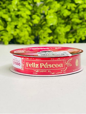 Fita Cetim Rolo 10x15mm Cor 522 Feliz Páscoa Vermelho Decorativo ECF003H