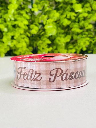 Fita Cetim Rolo 10mx22mm ECF005TR Cor 233 Feliz Páscoa Coelhos Xadrez Bege Progresso