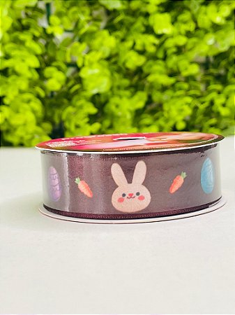 Fita Cetim Rolo 22mmx10m ECF005TR Cor 237 Páscoa Ovos Coloridos E Coelho Marrom Progresso