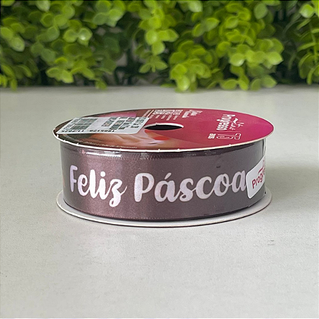 Fita Cetim Rolo 10mx22mm ECF005TR Feliz Páscoa Marrom Cor 238 Progresso