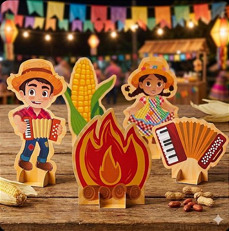 Kit 5 Itens Decoração Centro De Mesa Nosso Arraiá Festa Junina Fogueira Casal Sanfona Milho C6026 Ideia