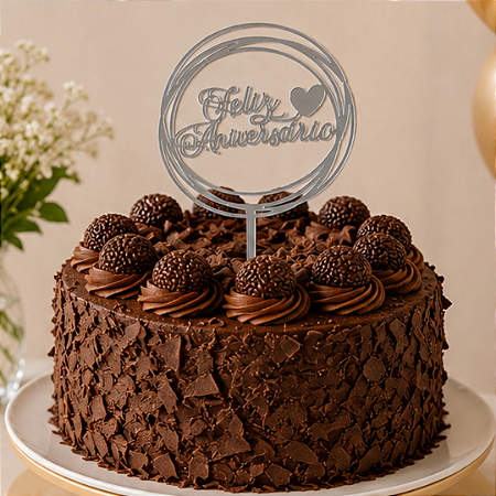 Topo De Bolo Feliz Aniversário Coração 10x16cm C/1un Prata Ponto das Festas