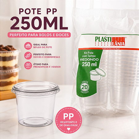 Kit Pote Com Tampa Redondo PP 250ml Pct C/20un Plastilânia